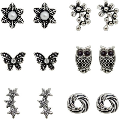 FRESH VIBES Oxidised Silver Daily Wear Combo Earrings for Girls - Fancy & Stylish Metal Studs Tops Ear rings Pack for Womens Alloy Stud Earring