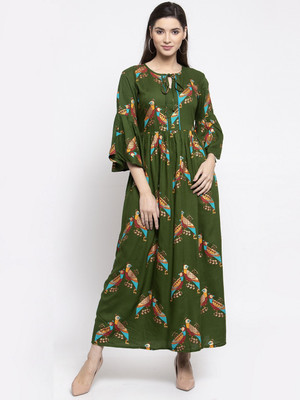 indibelle Women Printed Flared Kurta(Green)