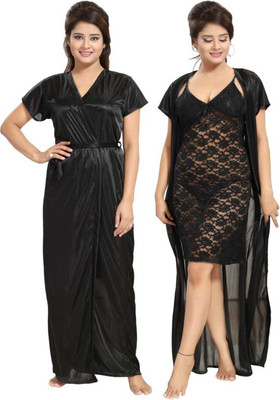 ovida Women Nighty with Robe(Black)