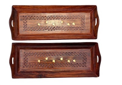 CART OF CRAFTS Wooden Serving Tray with Hand Carved Design 11 Inch Set of 2 Tray(2 Tray)