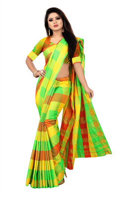 G JELLY FASHION TREE Color Block Bollywood Cotton Blend, Cotton Silk Saree(Green, Orange, Yellow)