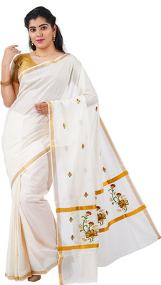 RSV FABRICS Embroidered Kasavu Cotton Blend Saree(Pack of 2, Gold)