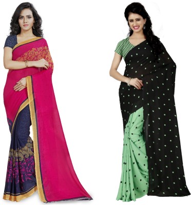 Anand Polka Print Daily Wear Georgette Saree(Pack of 2, Pink, Light Green)