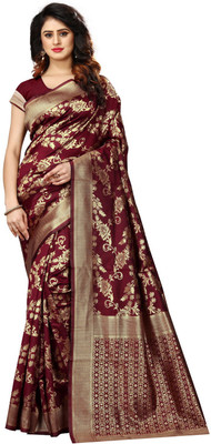 Shoppershopee Embellished Kanjivaram Silk Blend Saree(Red)
