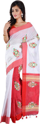 sourav biswas Self Design, Solid/Plain Handloom Viscose Rayon, Cotton Silk Saree(Red, White)