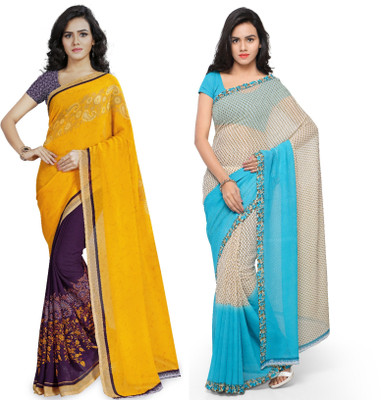 ANAND Printed Daily Wear Georgette Saree(Pack of 2, Light Blue, Yellow)