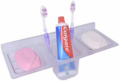 Bathly ABS Plastic 4 in 1 Multipurpose Kitchen/Bathroom Shelf/Paste-Brush Stand/Soap Stand/Tumbler Holder/Bathroom Accessories(Transparent)