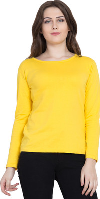 Kissero Solid Women Boat Neck Yellow T-Shirt