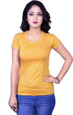 Deep Collection Solid Women Round Neck Yellow T-Shirt