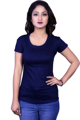 Deep Collection Solid Women Round Neck Blue T-Shirt