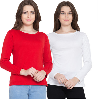Kissero Solid Women Boat Neck Red, White T-Shirt(Pack of 2)