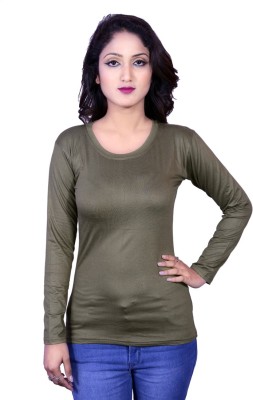 Deep Collection Solid Women Scoop Neck Dark Green T-Shirt