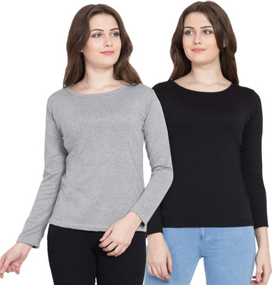 Kissero Solid Women Round Neck Black, Grey T-Shirt(Pack of 2)