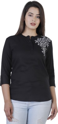 Silkova Casual Regular Sleeve Embroidered Women Black Top