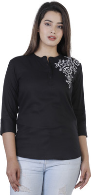 Silkova Casual Regular Sleeve Embroidered Women Black Top