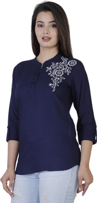 Silkova Casual Regular Sleeve Embroidered Women Dark Blue Top