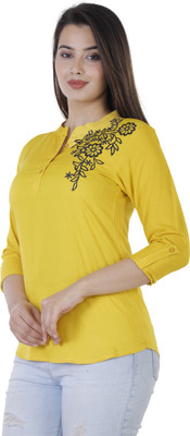 Silkova Casual Regular Sleeve Embroidered Women Yellow Top