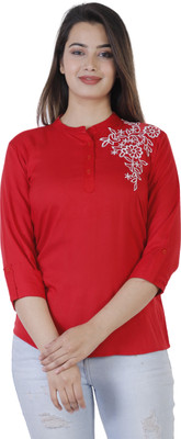 Silkova Casual Regular Sleeve Embroidered Women Red Top