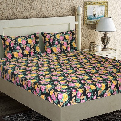 Home Candy 104 TC Microfiber Double Floral Flat Bedsheet(Pack of 1, Black, Pink)