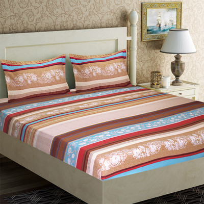Home Candy 140 TC Microfiber Double Striped Flat Bedsheet(Pack of 1, Brown)
