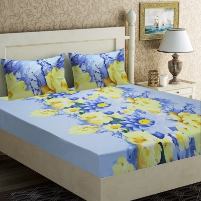 Home Candy 120 TC Microfiber Double Floral Flat Bedsheet(Pack of 1, Blue)