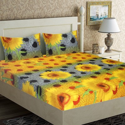 Home Candy 104 TC Microfiber Double Floral Flat Bedsheet(Pack of 1, Yellow, Grey)