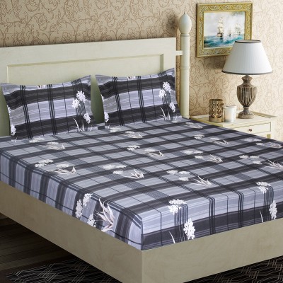 Home Candy 104 TC Microfiber Double Checkered Flat Bedsheet(Pack of 1, Grey)