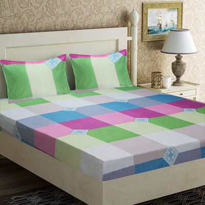 Home Candy 120 TC Microfiber Double Checkered Flat Bedsheet(Pack of 1, Multicolor)