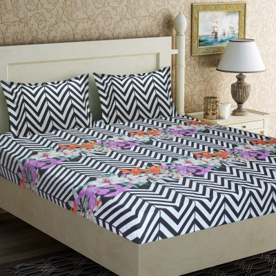 Home Candy 120 TC Microfiber Double Geometric Flat Bedsheet(Pack of 1, Black, White)