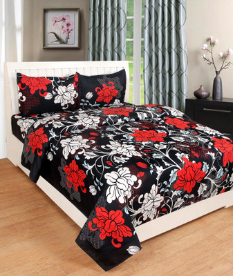 Hari Trader 120 TC Polycotton Double 3D Printed Flat Bedsheet(Pack of 1, Black)