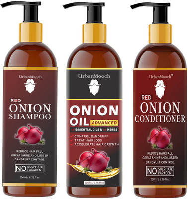UrbanMooch Red ONION Oil + Red ONION Shampoo + ONION Conditioner For ( Men & Women) (3 Items in the set)-200ml-Packof-3-Bottle- Hair Oil(600 ml)