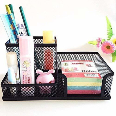 FLIPXEN 3 Compartments Metal 3 Compartment Metal Mesh Desk Organizer for Office Pen Pencil Stand(Black)