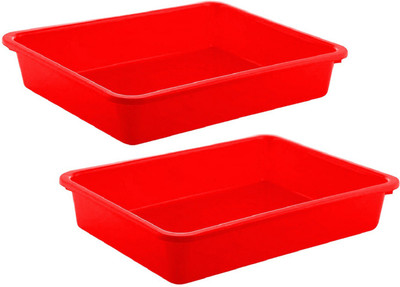 KUBER INDUSTRIES 2 Compartments Plastic 2 Pieces Multi Purpose Plastic File Folder Paper Tray Rack(Red)