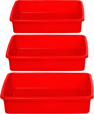 KUBER INDUSTRIES 3 Compartments Plastic 3 Pieces Multi Purpose Plastic File Folder Paper Tray Rack(Red)