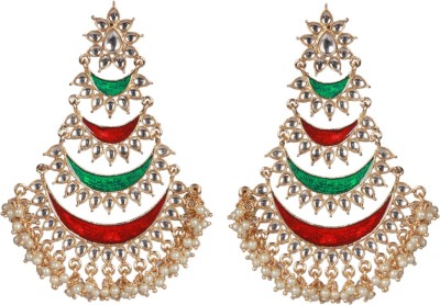 hena designs Green & Red Three Tier Chaand Earrings hand painted and studded with pearls Quartz Alloy Drops & Danglers, Earring Set, Chandbali Earring