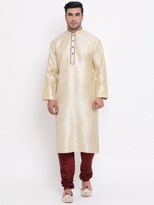 Zois Men Woven Design Straight Kurta(Beige)