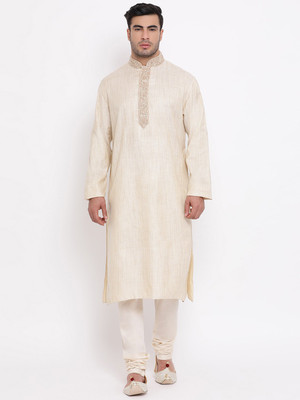 Zois Men Self Design Straight Kurta(Beige)