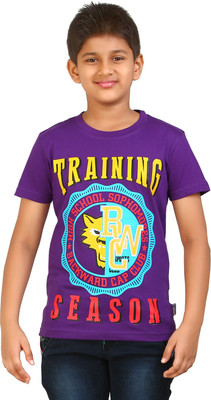 dongli Boys Typography, Printed Cotton Blend Regular T Shirt(Purple, Pack of 1)