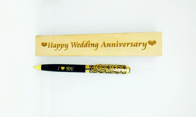 SMART WORLD Wooden engraved HAPPY WEDDING ANNIVERSARY pen box with golden itching embossed with I LOVE YOU Ball pen Pen Gift Set(Pack of 2, Ink Color - Blue)