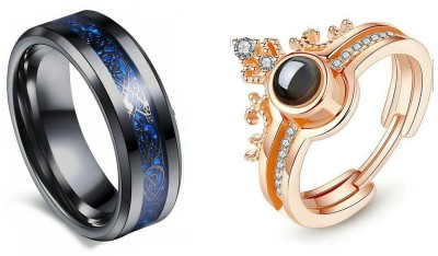 Crazy Fashion Combo of 100 Language Rose Gold for Women ( Adjustable) & Blue/Black Fingure Ring for Men Size 20 Stainless Steel Cubic Zirconia Titanium, NA Plated Ring Set