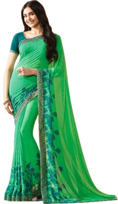 Bombey Velvat Fab Printed, Hand Painted, Ombre, Geometric Print, Floral Print, Checkered Daily Wear Georgette, Chiffon Saree(Green)
