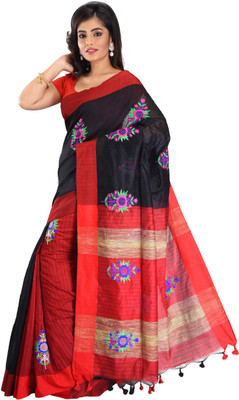 sourav biswas Self Design, Solid/Plain Handloom Viscose Rayon, Cotton Silk Saree(Red, Black)