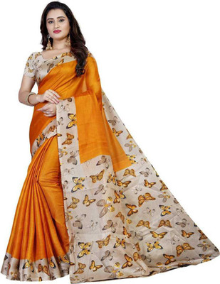 SVB Sarees Printed Bollywood Silk Blend Saree(Yellow)