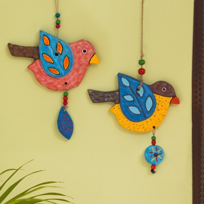 ExclusiveLane 'Feathered Birdies' Handmade & Hand-painted Garden Decorative Wall Hanging In Terracotta (Set of 2) Decorative Showpiece  -  34.29 cm(Terracotta, Multicolor)