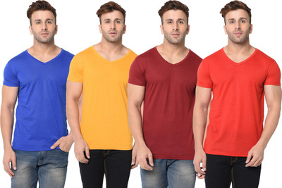 Jangoboy Solid Men V Neck Multicolor T-Shirt