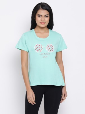 Clovia Graphic Print Women Round Neck Green T-Shirt