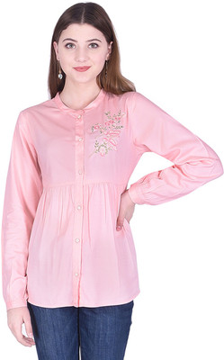 Created in India Casual Full Sleeve Embroidered Women Pink Top