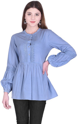 Created in India Casual Full Sleeve Solid Women Blue Top