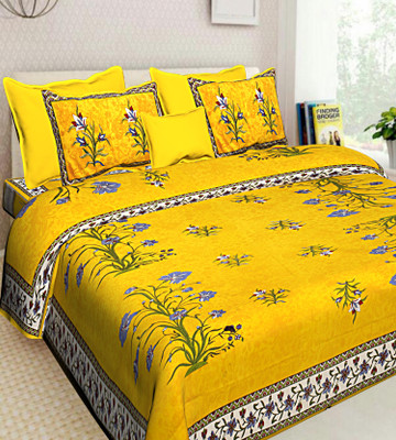 RAJDEVI JAIPUR PRINTS 351 TC Cotton Double, King Printed Fitted & Flat Bedsheet(Pack of 1, Yellow)