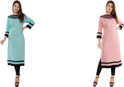 ANTARMANA Women Solid Straight Kurta(Blue, Pink)